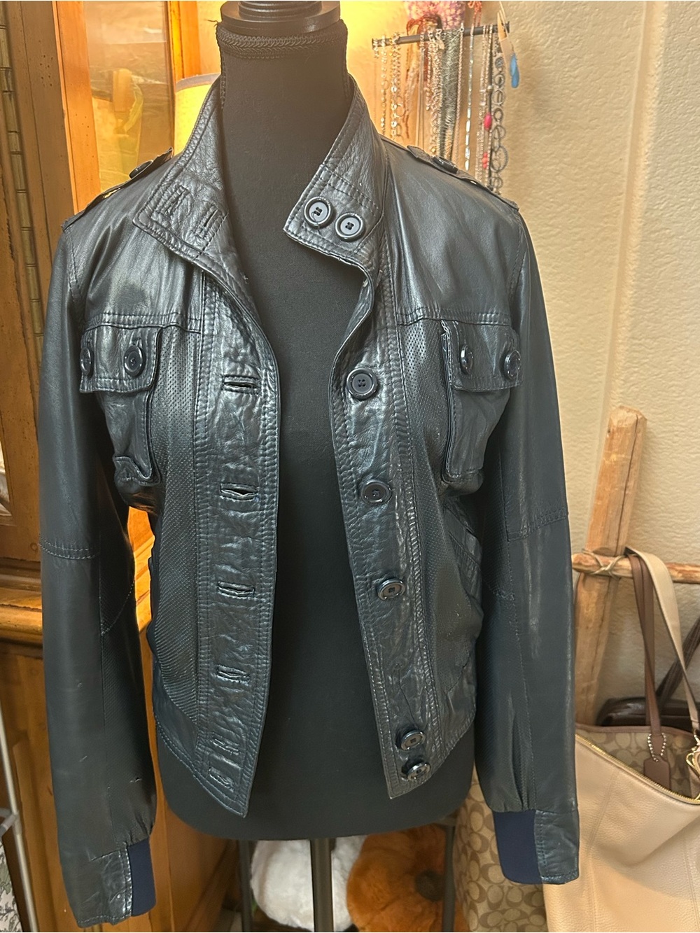 Women's Black Genuine Leather Military-Style Button Jacket